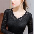 Women's Lace Bottoming Shirt2023Spring Slim Fit Inner Wear Small Shirt with Lace plus Velvet off-Shoulderv-Neck Top. 