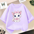 Girls Cotton Cute Cat/dog Graphic T shirt Summer Fashion Vintage Personality Kawaii Purple clothes Short Sleeve Tops. 