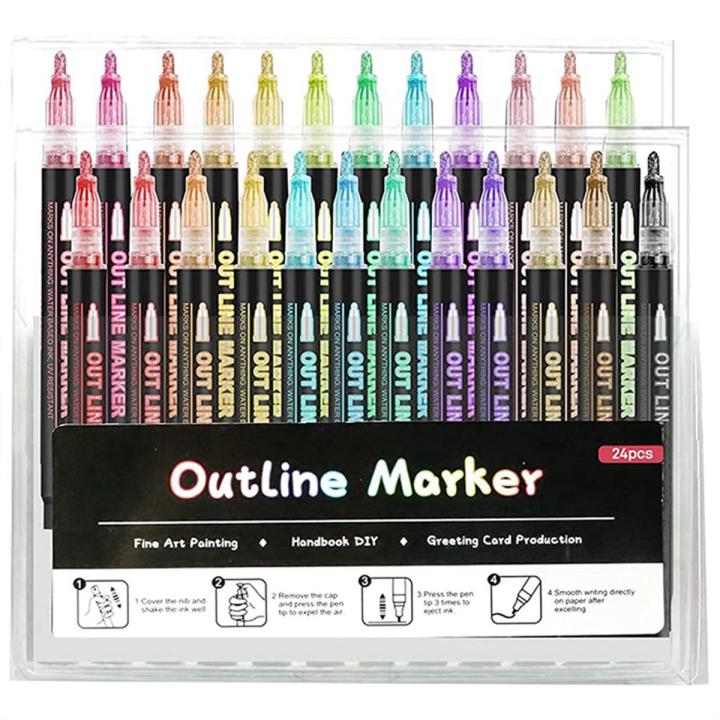 Paint Water Resistant Pen 24 Colors Outline Metallic Markers