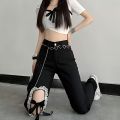 Black Lace Up Ripped High Waisted Jeans Korean Fashion Vibe Style Denim Trousers Streetwear Y2k Jeans Women Baggy Wide Leg Pants. 