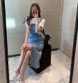 Button Dress Women Denim New Fashion Suspender Sleeveless Pockets Korean Medium-Length Solid Color A Line Denim Dress 987J.