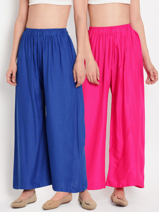 Set of 2 Solid Cotton Relaxed Women Plazo Pants Wear For Ladies