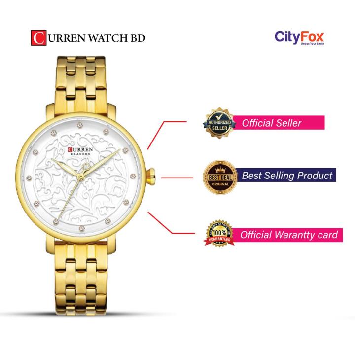 CURREN 9046 Golden Stainless Steel Analog Watch For Women - White & Golden