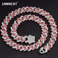 Men Women Pink Rhombus Cuban Chain Iced Out 2 Row Rhinestone Cuban Link Chain 14MM Prong Necklace Hiphop Jewelry.