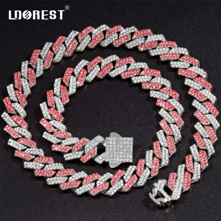 Men Women Pink Rhombus Cuban Chain Iced Out 2 Row Rhinestone Cuban Link Chain 14MM Prong Necklace Hiphop Jewelry
