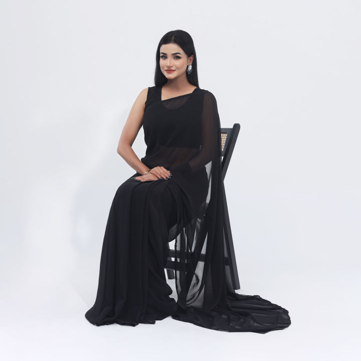 Simple Elegance Weightless Georgette Saree for Women - Black Color - Suitable for All Season and Occasions -Perfect Casual Wear