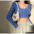 Hot Girl Sexy Cropped Long Sleeve T Women's T-shirt 2024 Spring and Autumn New Pure Color Tight Slimming Cardigan Short Top.