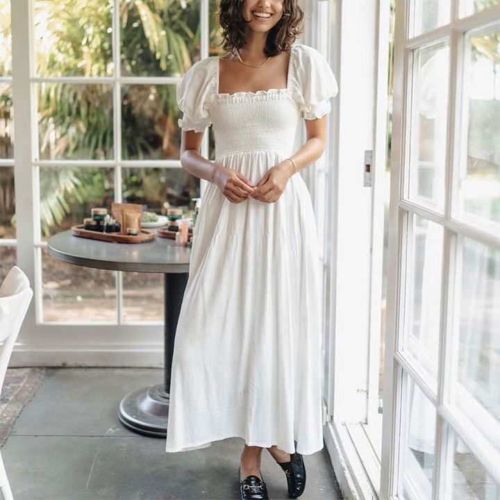 Maxi Dresses For Women 2022 Elegant Square Neck Smocked Summer White Dress Short Puff Sleeve Vacation Beach Long Casual Dress