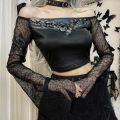 Goth Black Long Sleeve Corset Crop Tops Women Aesthetic V-Neck Velvet Lace Mesh T-Shirts Y2K Harajuku Vintage Fashion Tops. 