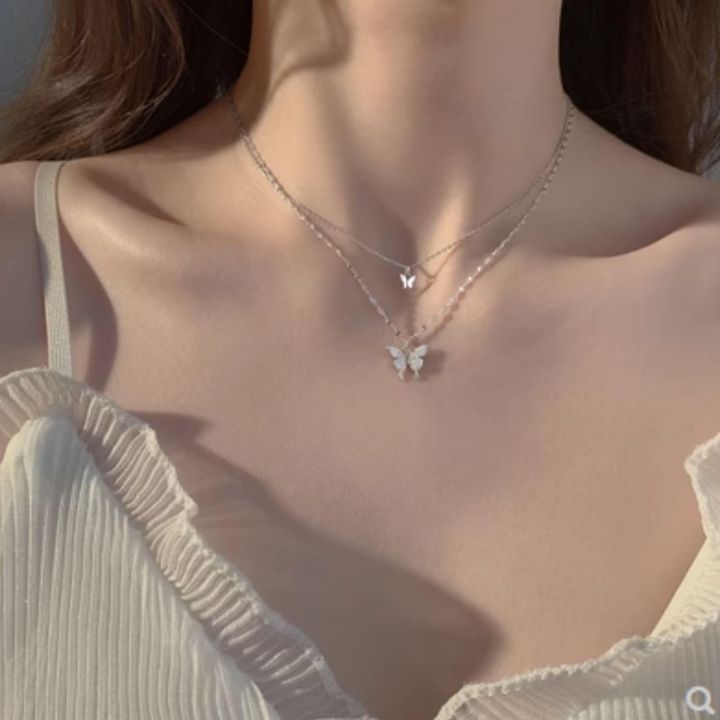 Korean%20Shiny%20Double%20Layer%20Butterfly%20Necklace%20for%20Women,%20Rhinestone%20Clavicle%20Chain,%20Elegant%20Wedding%20Jewelry%20-%20Image%202