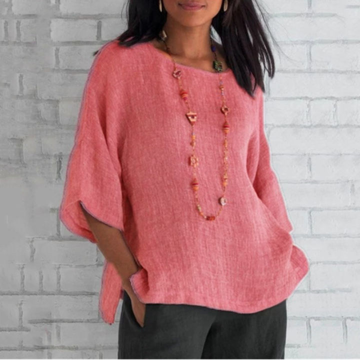 New%20Women's%20Shirt%20Seven-sleeve%20Round%20Neck%20Cotton-linen%20Shirt%20Blouse%20-%20Blouse%20-%20Image%202