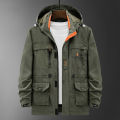 Autumn and Winter Cargo Pants Outdoor Leisure Jacket Men's Mid-Length Fleece-lined Multi-Pocket Hooded Jacket Men's Jacket. 