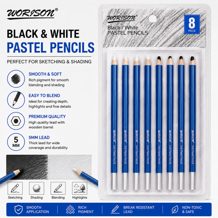 WORISON Artist Black & White Pastel Pencil Set 8 Pcs for Sketching & Shading