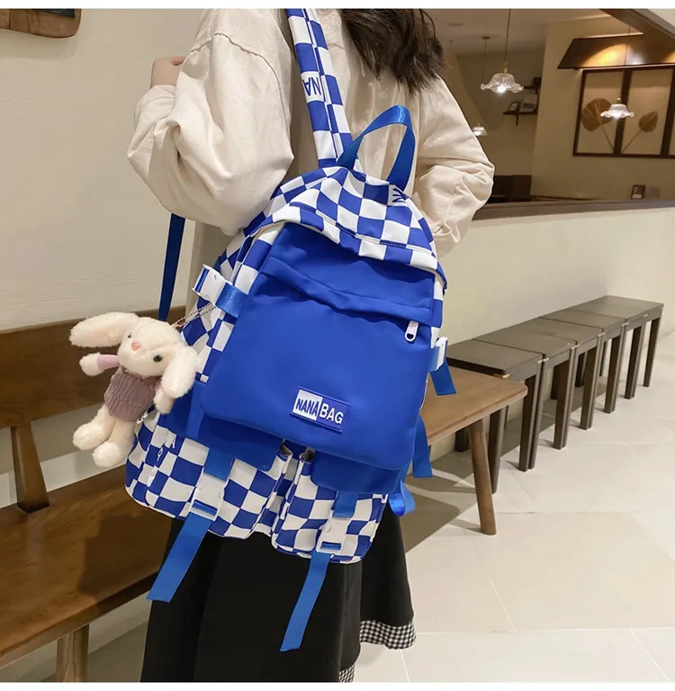 College Student Campus Style Casual Backpack Fashion Blue Plaid