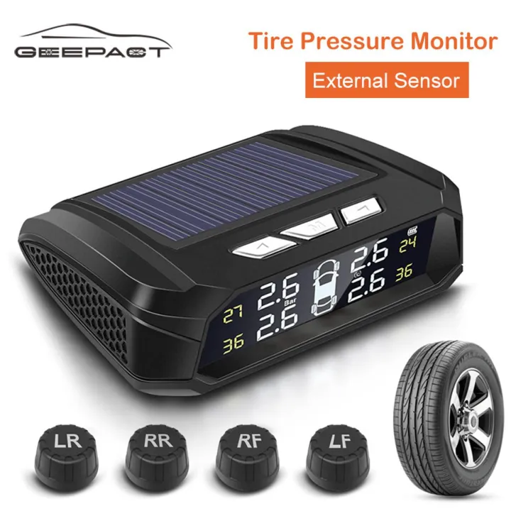 Geepact Car Tire Pressure Monitoring System Smart Car TPMS Tyre Pressure Alarm Monitoring System Solar Power Panel USB Charging TPMS Universal 4 External Sensors LCD Display