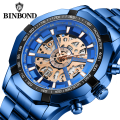 2024 Binbond S033 Mens Watches Top Brand Luxury Stainless Steel Waterproof Hollow Out Blue Big Male Wristwatches. 