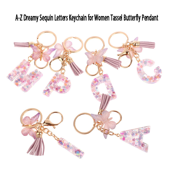A-Z Dreamy Sequin Letters Keychain For Women Tassel Butterfly Pendant Initial Keyring Purse Suspension Bags Car Key Chain