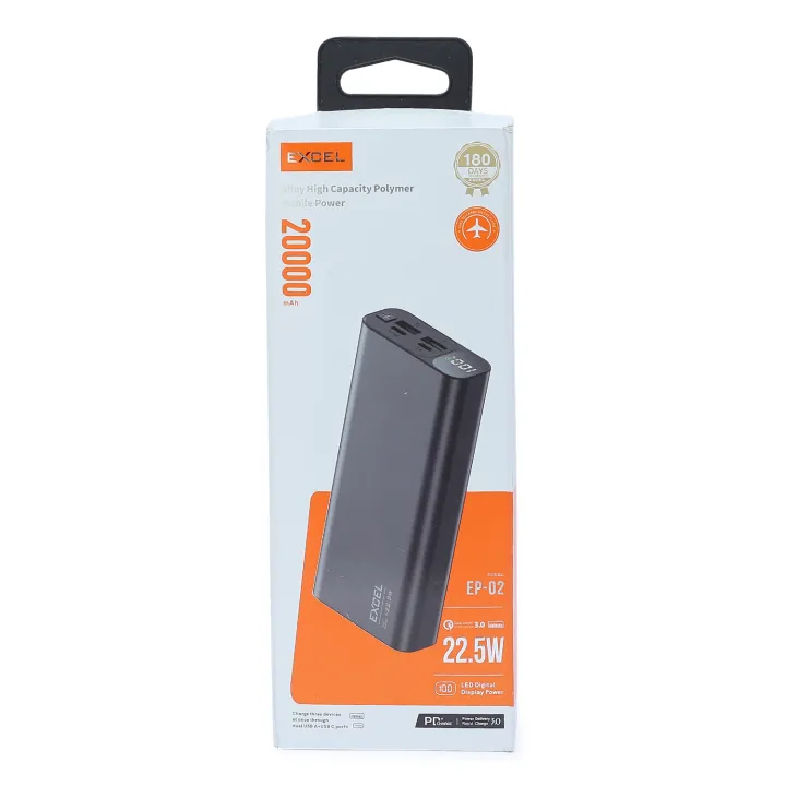 Excel EP-02 Qualcomm Quick charge 22.5W Dual USB  Dual port 20000mAh fast charging power bank with LED Display