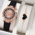 Fashion Waterproof 2pcs Women's Quartz Wristwatch Set Petal Design and Diamond Dial for Ladies Watch Elegant Leather Watches Suitable for Girls.