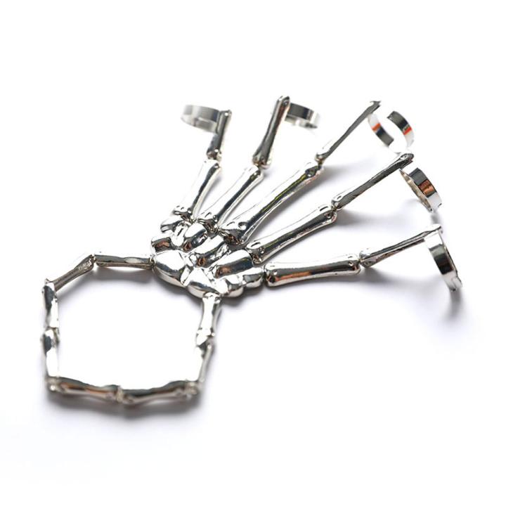 Punk Skeleton Hand Bone Five Finger Ring Bracelet Adjustable Halloween Bracelet
