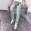 Fashion Men's Ripped Jeans Casual Stretch Denim Pants High Street Slim Fit Light Blue Hip Hop Jeans Streetwear Man's Trousers.