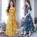 2022 new summer Korean dress women's Casual Short Sleeve temperament large yellow red flower round neck dress.