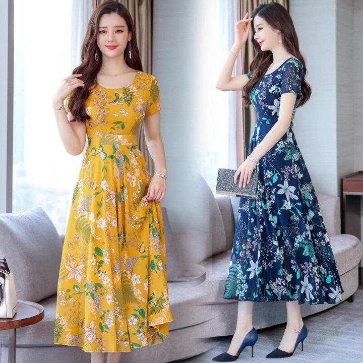 2022 new summer Korean dress women's Casual Short Sleeve temperament large yellow red flower round neck dress