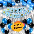Happy Birthday Decoration Combo Pack – With Light Blue Paper Birthday Banner, Silver Foil Backdrop Curtain, Blue, Black & Silver.