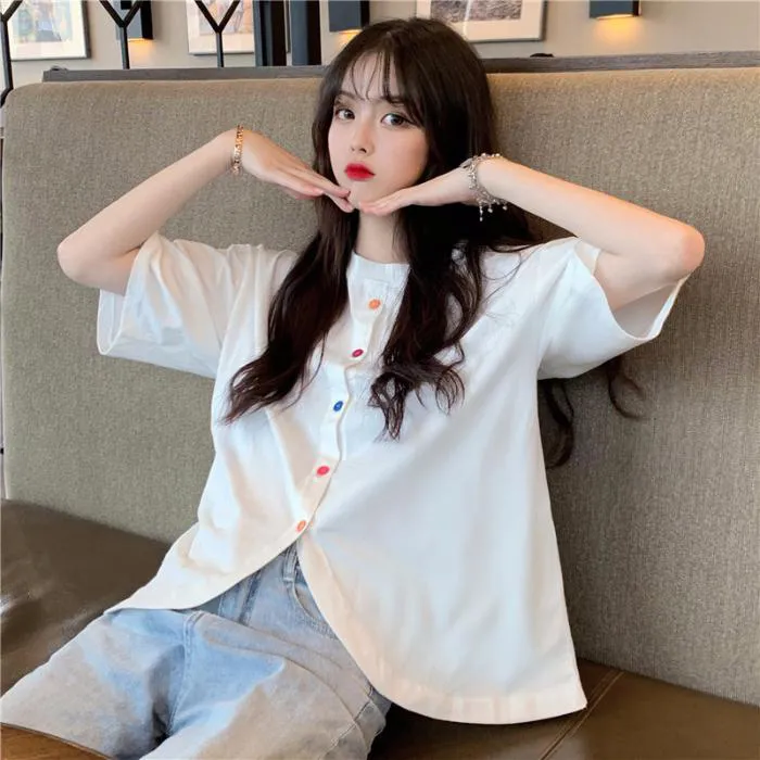 Korean%20Style%20Chiffon%20Shirt%20Women%20Solid%20Button%20Irregular%20Short%20Sleeve%20Top%20-%20Image%202