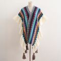 2023 Spring and Autumn New Color Contrast Ethnic Style Ruffle Shawl Female Bohemian Cardigan Fungus Trim Internet Celebrity Cloak. 