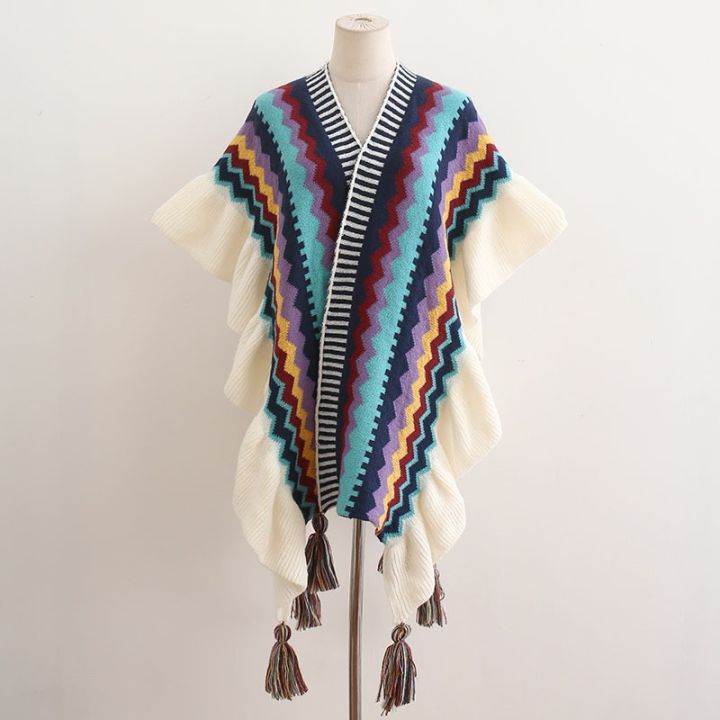 2023%20Spring%20and%20Autumn%20New%20Color%20Contrast%20Ethnic%20Style%20Ruffle%20Shawl%20Female%20Bohemian%20Cardigan%20Fungus%20Trim%20Internet%20Celebrity%20Cloak%20-%20Image%206
