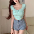 Women Summer T-Shirt, Solid Color Buttons Round-Neck Short Sleeve Crop Tops for Girls, Green/White. 