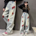 Girls Spring Jeans 2024 New Foreign Style Girls Big Spring and Autumn Casual Straight Pants Children's Spring Wide-leg Pants. 