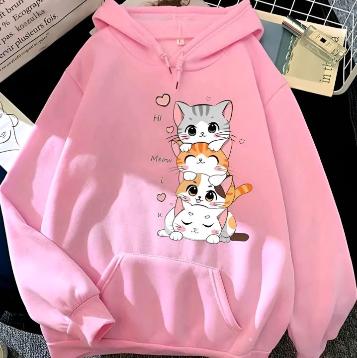 pink Color printed (4 cats) Hoodie 320 GSM Fully Cotton Fabrics Suitable for Women Girls Ladies Hoodie by Tajkiya Fashion