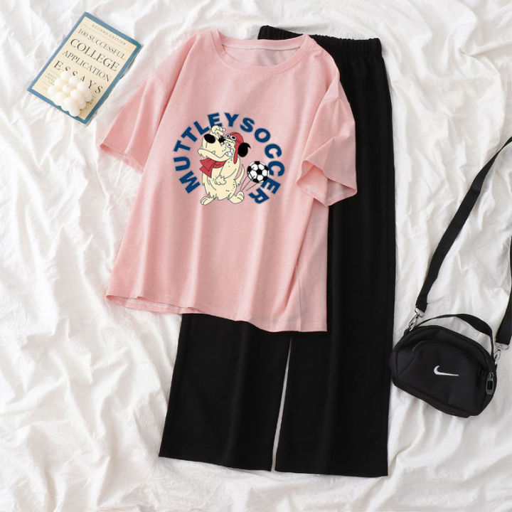 Single%20Piece%20/%20Suit%20T%20T-shirt%20Women's%20Summer%20Korean%20Style%20ins%20Cartoon%20Small%20Printed%20Loose%20Wide-Leg%20Pants%20Short-Sleeved%20Shirt%20Fashion%20-%20Image%209