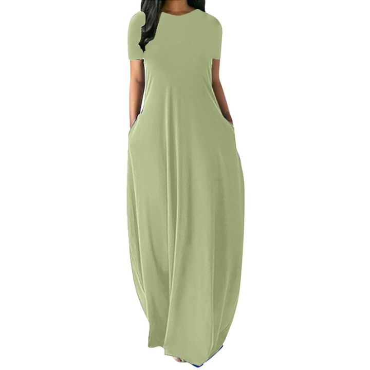 S-5XL%2011Colors%20Oversize%20O-Neck%20Pockets%20Long%20Dress%20Casual%20Solid%20Short%20Sleeve%20High%20Waist%20Women%20Summer%20Party%20Daily%20Travel%20Maxi%20Wear%20-%20Image%202