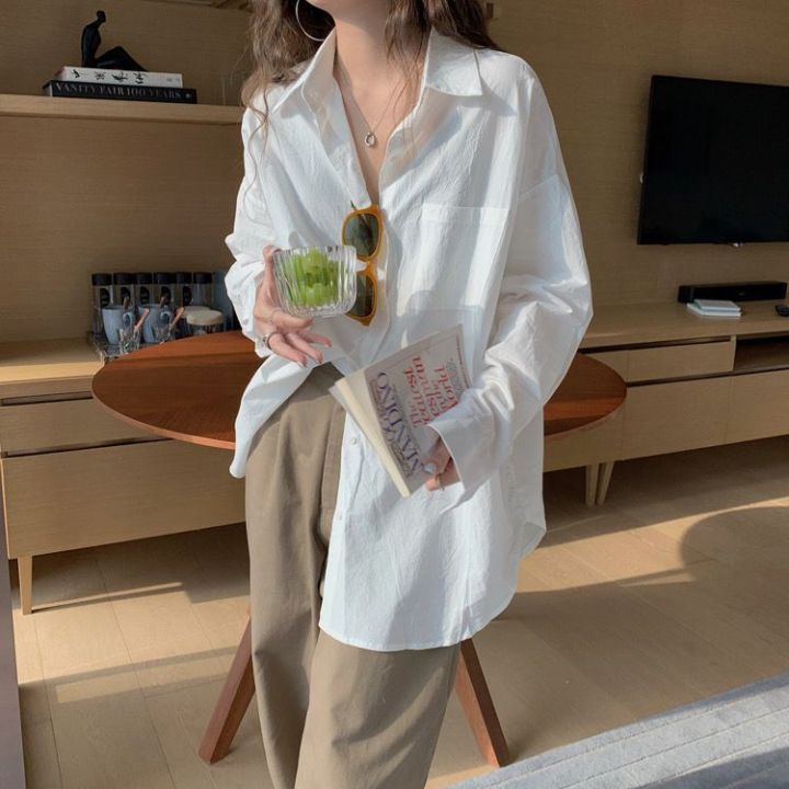 Hong Kong Style Mid-Length White Shirt Coat Early Autumn Top Women's New Design Sense Niche Korean Long Sleeve Shirt