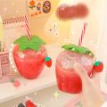 Creative Strawberry Straw Cup Plastic Cup Cute Female Portable Milk Tea Cup Student Portable Water Cup Water Bottle. 