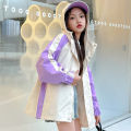 Kids Girls Patchwork Rain Jacket Pink Purple Waterproof Coat Lightweight Hooded Warm Windbreaker XY-273. 