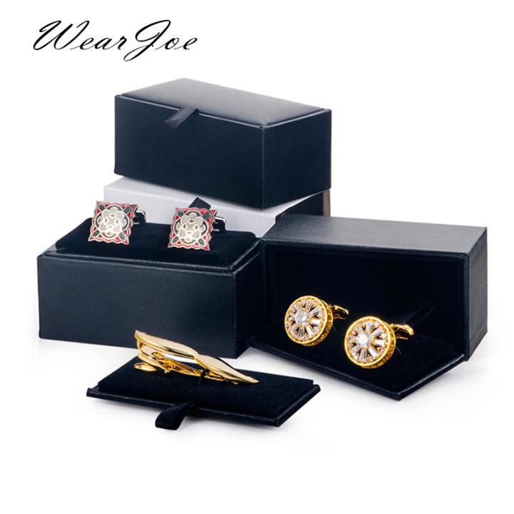 Men Cufflinks Storage Box Black Faux Leather Case Brooch Lapel Pin Hair Pins Gift Packaging Box Tie Tack Tie Clip Collection Box