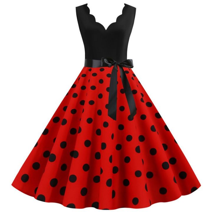 Women%20Retro%20Summer%20Dresses%2050s%2060s%20Rockabilly%20Sleeveless%20V-neck%20Polka%20Dot%20Bow%20Pinup%20Ball%20Grown%20Party%20Sundress%20Robe%20Vestidos%20-%20Image%203
