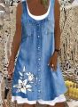 Women's A-Line Dress Sleeveless Spring Summer Casual Patchwork Print Knee Length Dress Fashion 3D Printing Denim Print Dress. 