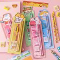 Set of 2 pencils cartoon stationery, 1 ruler, 1 eraser, 1 pencil sharpener. 