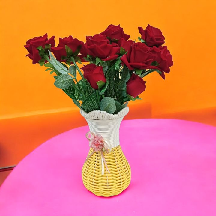 Fantastic Flowers Multicolor Velvet Roses in Guldasta Pot - 14-15 Real Looking Heads, Plastic & Fabric, Includes Vase & 3 Sticks - Home & Restaurant Decoration