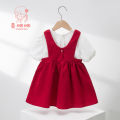 Mai Xiu Xiu Xiu Girls Dress Spring and Summer Bow Puff Sleeve Strap Dress Baby Children's Wear Two-Piece Set. 
