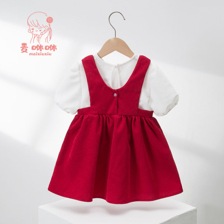Mai%20Xiu%20Xiu%20Xiu%20Girls%20Dress%20Spring%20and%20Summer%20Bow%20Puff%20Sleeve%20Strap%20Dress%20Baby%20Children's%20Wear%20Two-Piece%20Set%20-%20Image%202