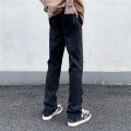 Light Blue Wide-leg Jeans 2024 Men New Korean Style Straight Baggy Middle Waist Pants Side Zipper Male Denim Trousers Size 2XL.