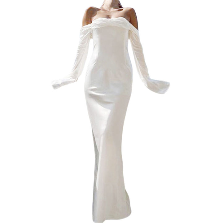Women's%20Solid%20Color%20Satin%20Long%20Dress,%20Slit%20Long%20Sleeve%20Off%20Shoulder%20Backless%20Back%20Zipper%20Slim%20Dress%20for%20Party%20Club%20-%20Image%202