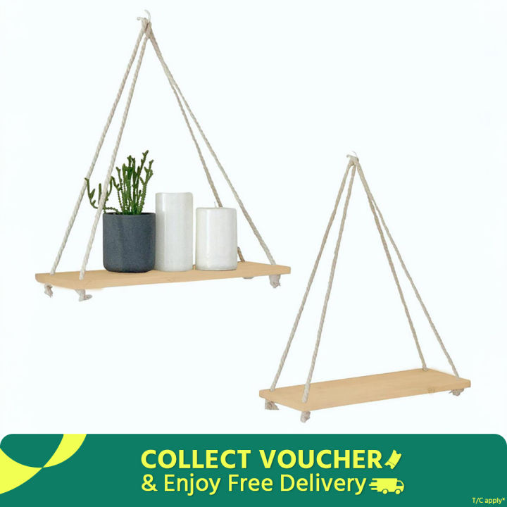Floating Shelf Wall Wood Hanging Rope Durable Rack for Living Room Bedroom Bathroom Kitchen