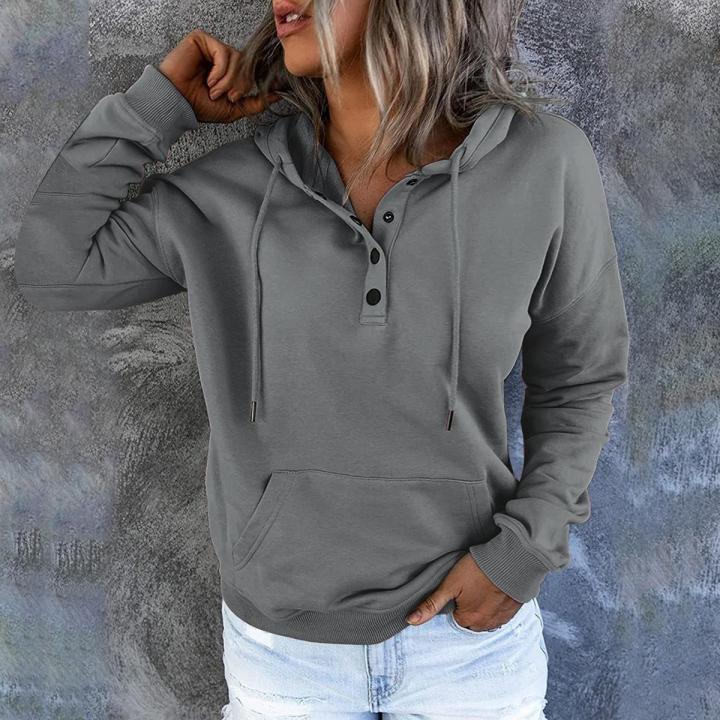 Fashion Women's Pullover Hoodies Tops Casual Solid Colors Button Down Long Sleeve Hooded Pocket Sweatshirts Sudaderas Mujer#35